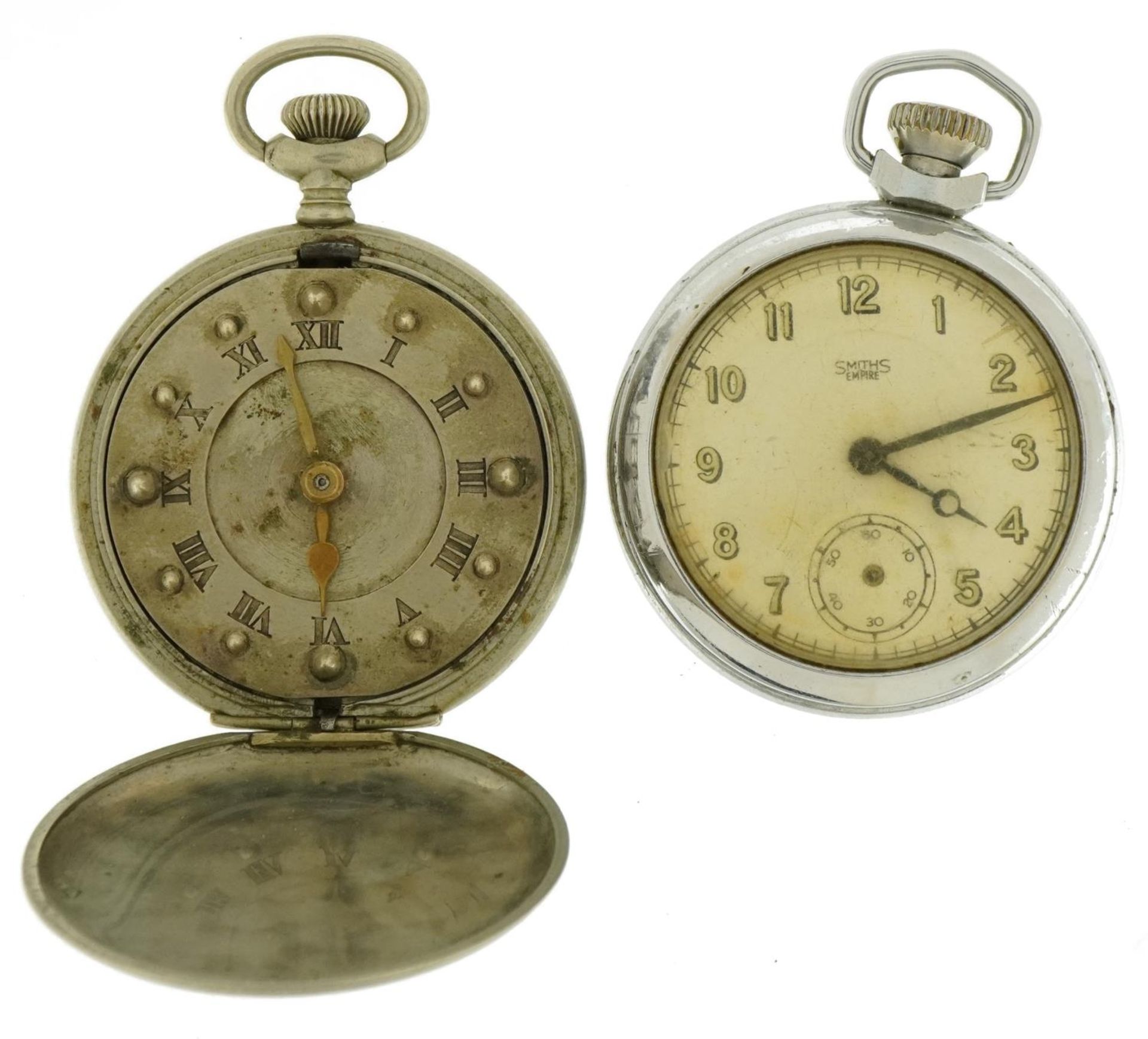 Smiths open face stop watch and a Cyma white metal full hunter braille pocket watch : For further