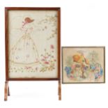 Mahogany fire screen housing an embroidery panel of female wearing a crinoline dress and a framed