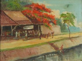 Fisher village, Balinese school oil on canvas, indistinctly signed, framed, 41.5cm x 31.5cm