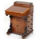 Victorian burr walnut Davenport with lift up top, tooled leather insert and four side drawers,