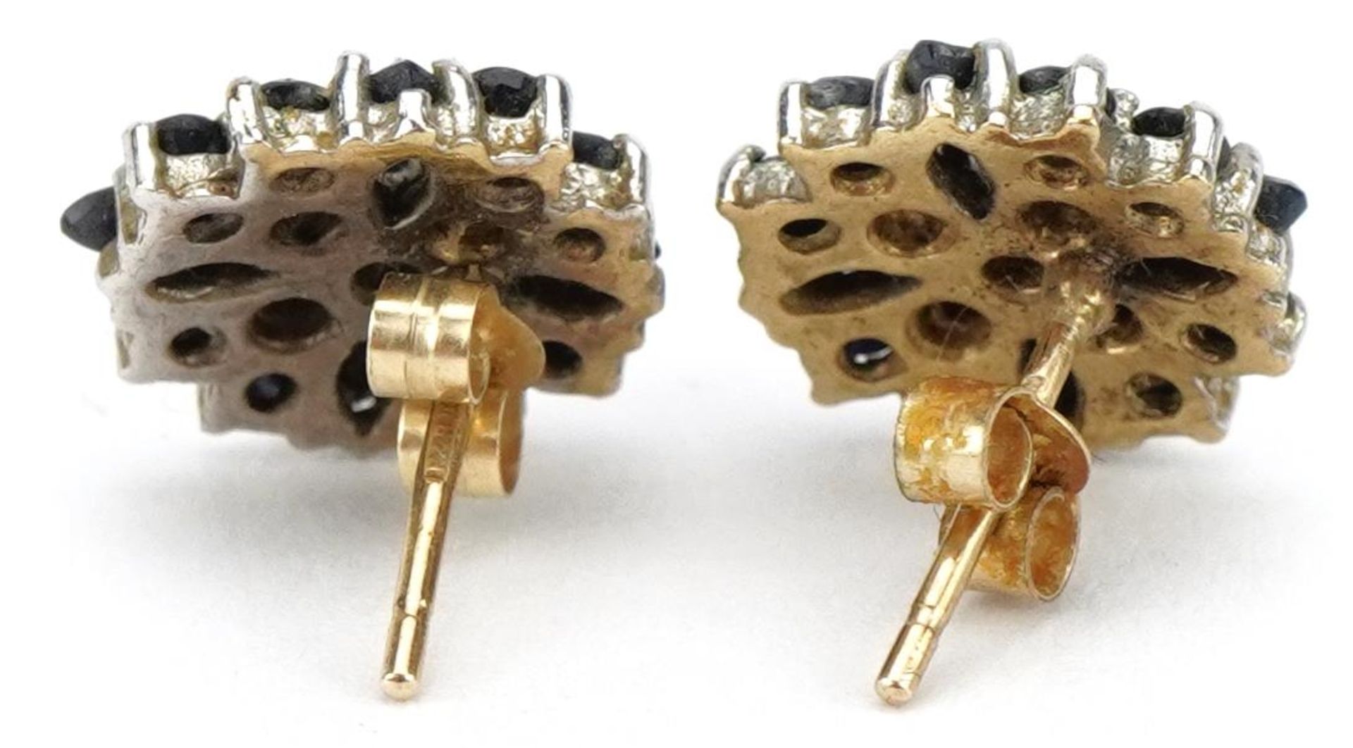 Pair of 9ct gold diamond and sapphire cluster stud earrings, 1.1cm in diameter, 2.4g : For further - Image 2 of 2