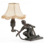 Early 20th century classical bronze table lamp with shade in the form of a female with a lyre,
