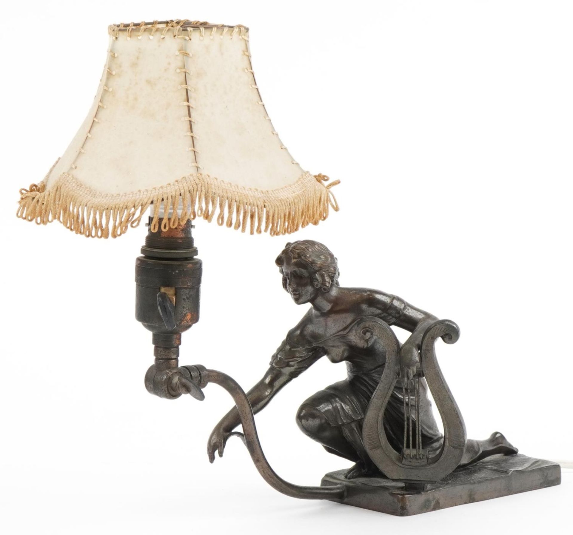 Early 20th century classical bronze table lamp with shade in the form of a female with a lyre,