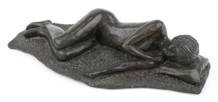 Mid century style bronzed pottery sculpture of a sleeping nude female, 48cm in length : For