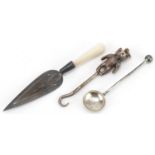 Silver objects comprising buttonhook with teddy bear terminal, bookmark with mother of pearl