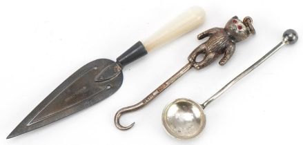Silver objects comprising buttonhook with teddy bear terminal, bookmark with mother of pearl