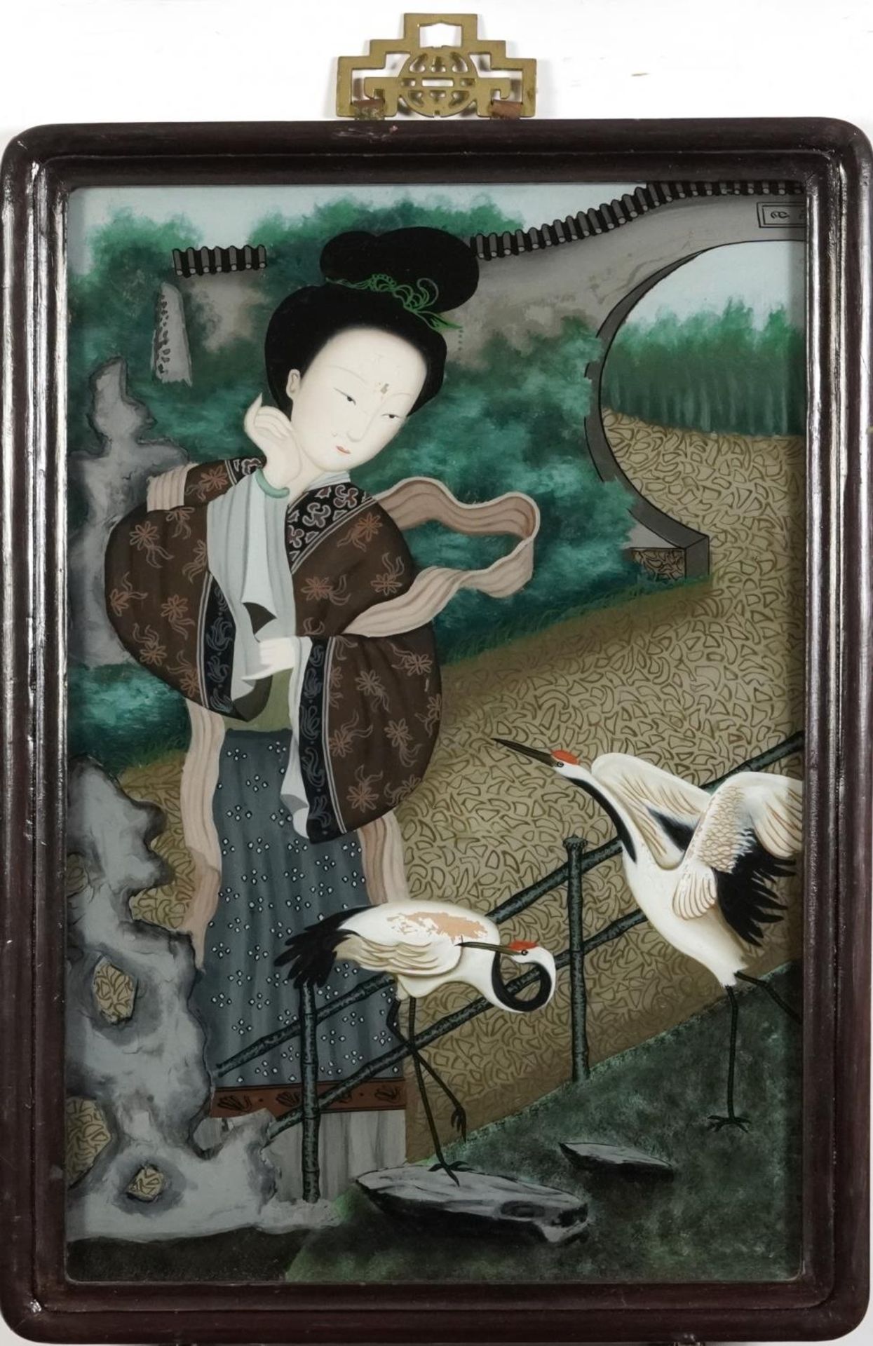 Young female with two cranes, Chinese reverse glass painting housed in a hardwood frame, 50.5cm x - Image 2 of 3