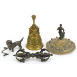 Antique and later metalware including a Gothic style bell and jewelled gilt metal lid with figural