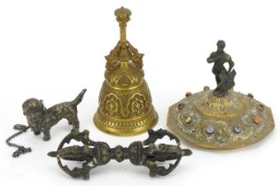 Antique and later metalware including a Gothic style bell and jewelled gilt metal lid with figural