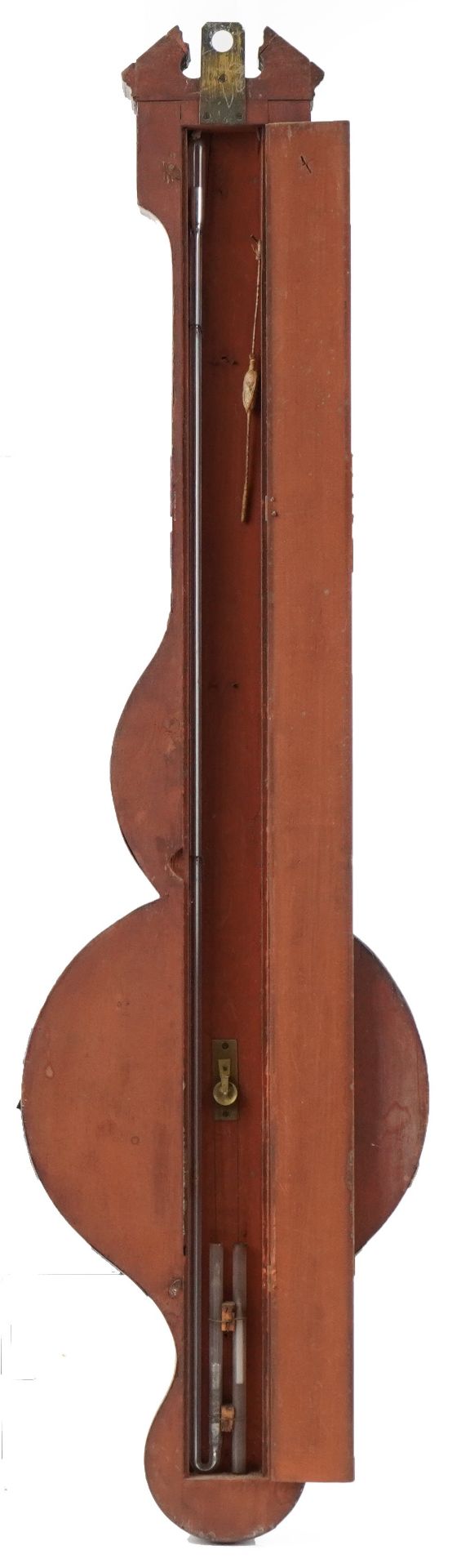 Antique mahogany banjo wall barometer with thermometer inlaid with shells and flower heads having - Image 5 of 5