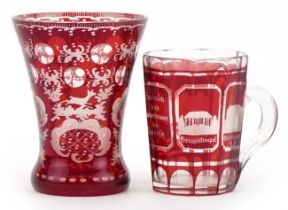 Bohemian ruby overlaid glass vase and mug etched with German towns, the largest 13cm high : For