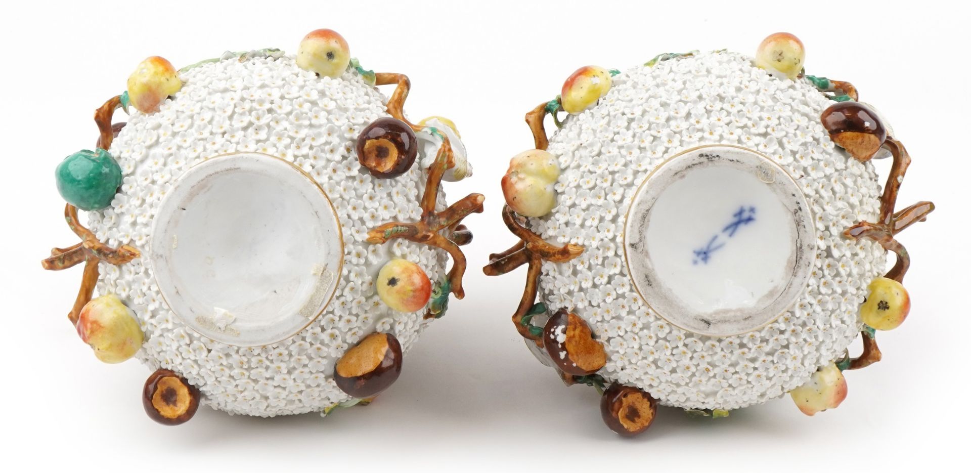 Meissen, large pair of 19th century German floral encrusted bottles with stoppers decorated in - Image 12 of 13