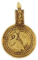 Persian unmarked gold pendant embossed with a game bird, tests as 18ct gold, 5cm high, 3.5g : For