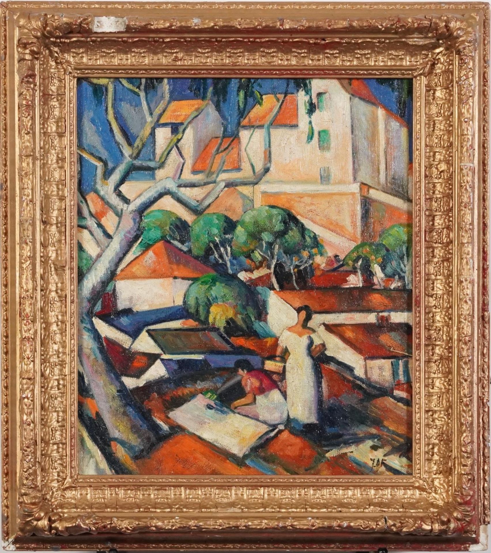 Continental villas with figures, Impressionist Cubist school oil on canvas board, framed, 32cm x - Bild 2 aus 6