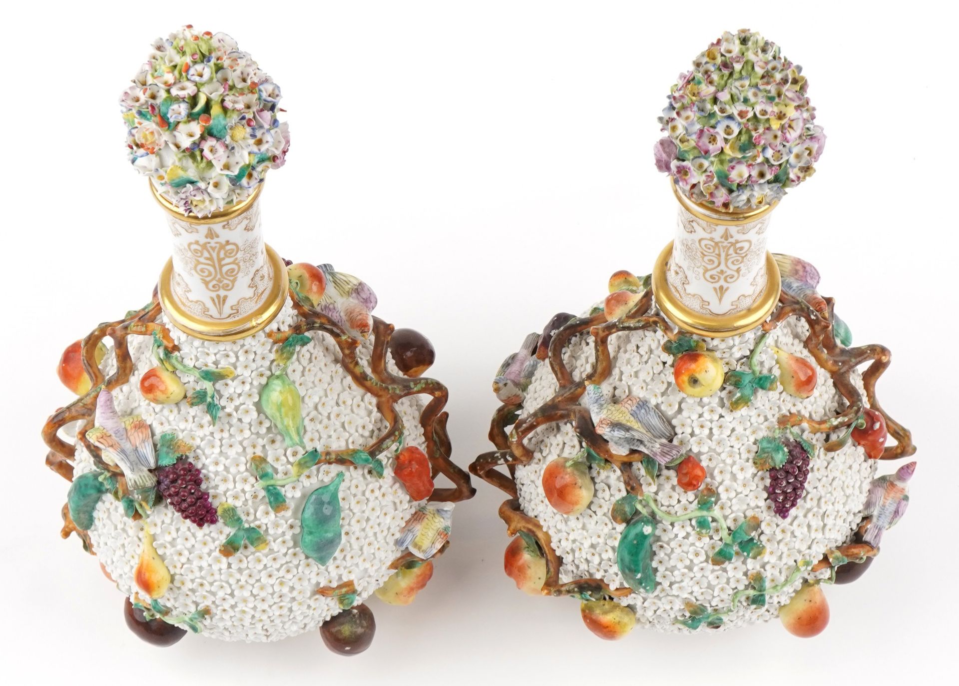 Meissen, large pair of 19th century German floral encrusted bottles with stoppers decorated in - Image 10 of 13