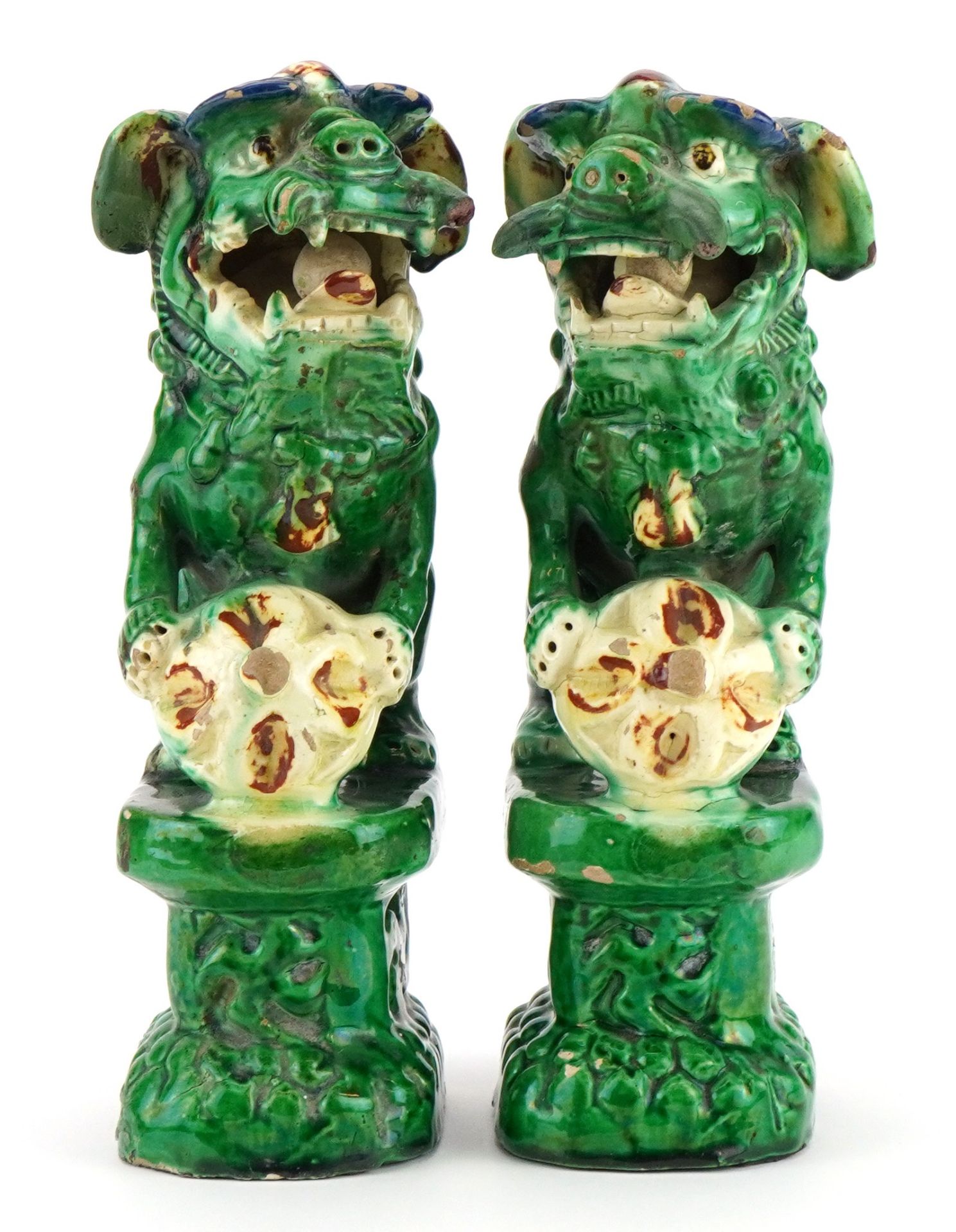 Pair of Chinese porcelain Foo dogs having sancai type glazes, each 24.5cm high : For further - Image 2 of 7