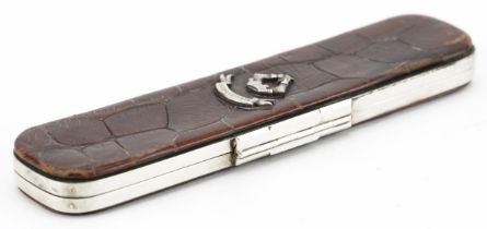 Early Victorian silver and crocodile pen case with coat of arms In Crugefides, William M Traies