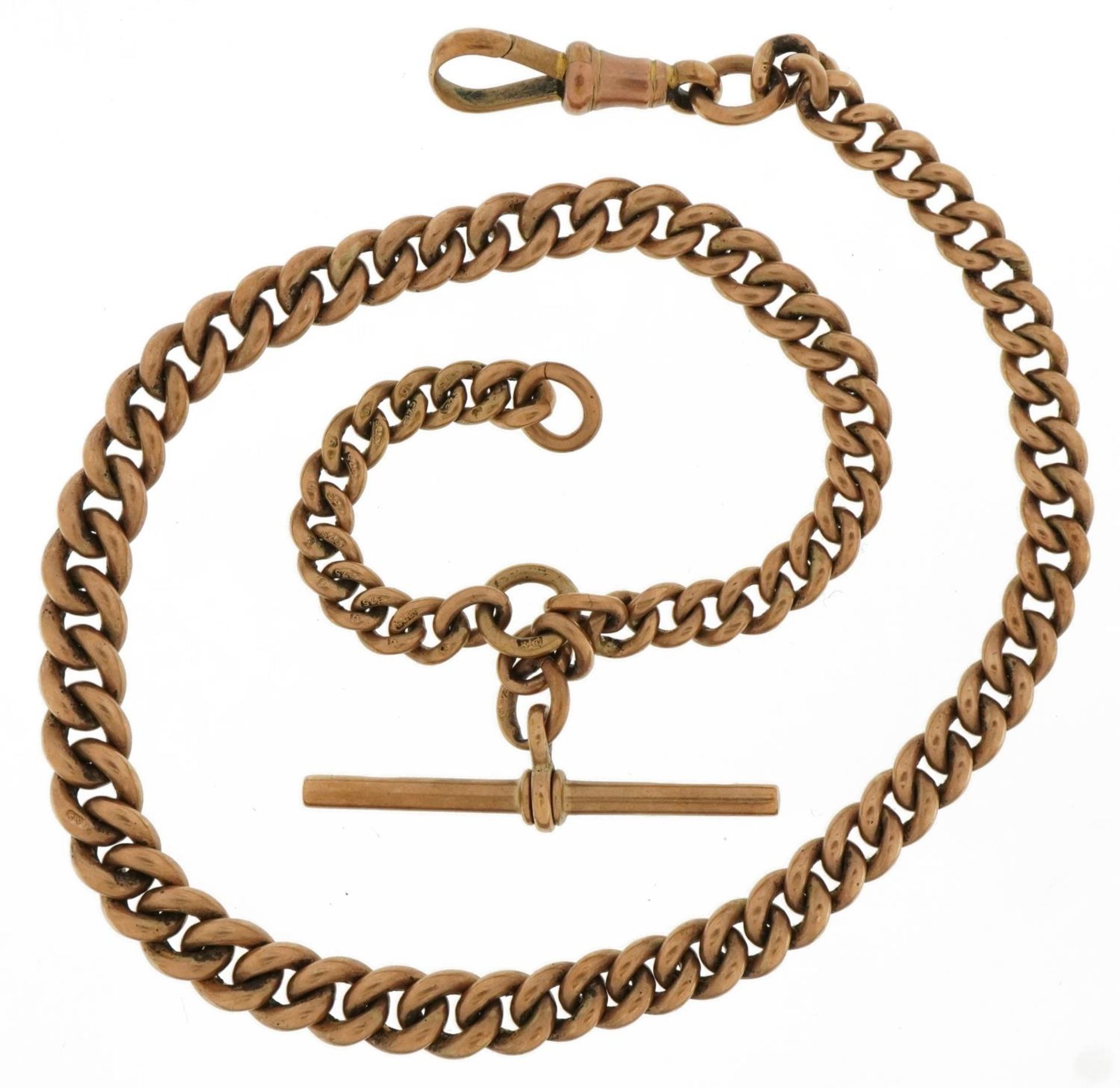 9ct rose gold graduated watch chain with T bar and dog clip, 32cm in length, 32.4g : For further - Image 2 of 3
