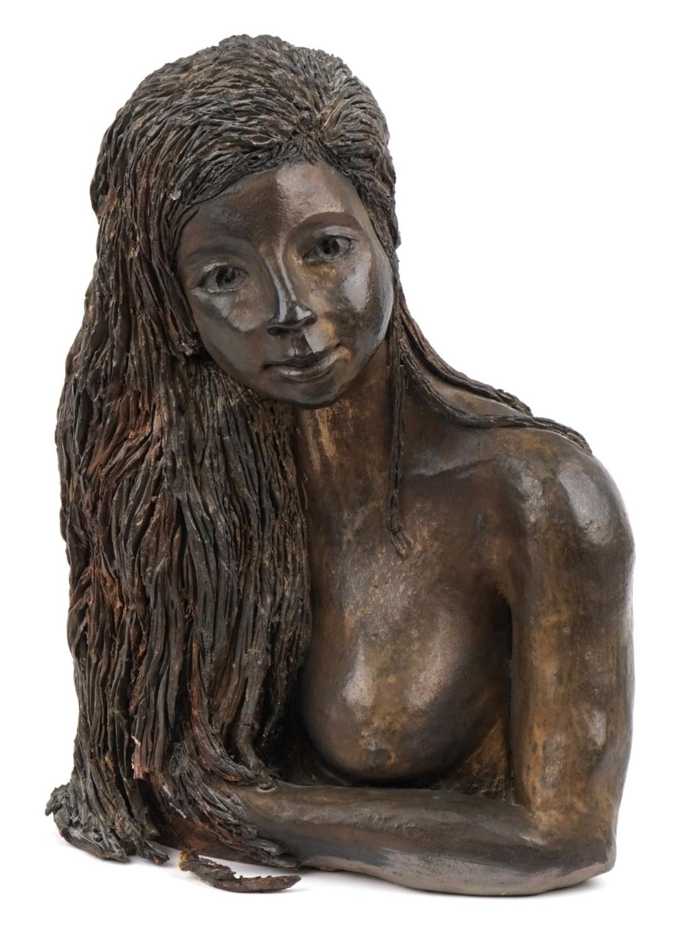 Brenda Hamblin, Chloe, bronzed pottery bust of a nude female with What If Gallery paperwork, 42cm - Image 2 of 7