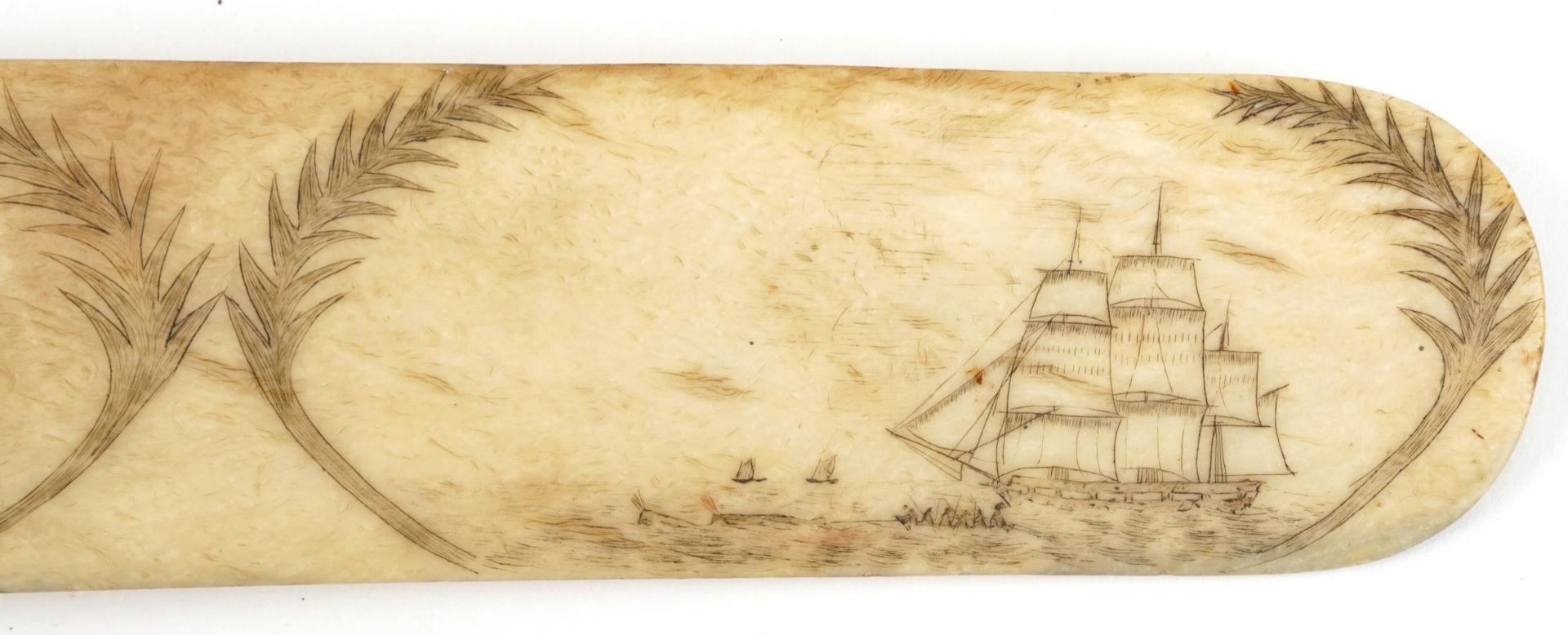 Antique sailor's scrimshaw whale bone page turner carved with figures and rigged ship, 36cm wide : - Image 4 of 5