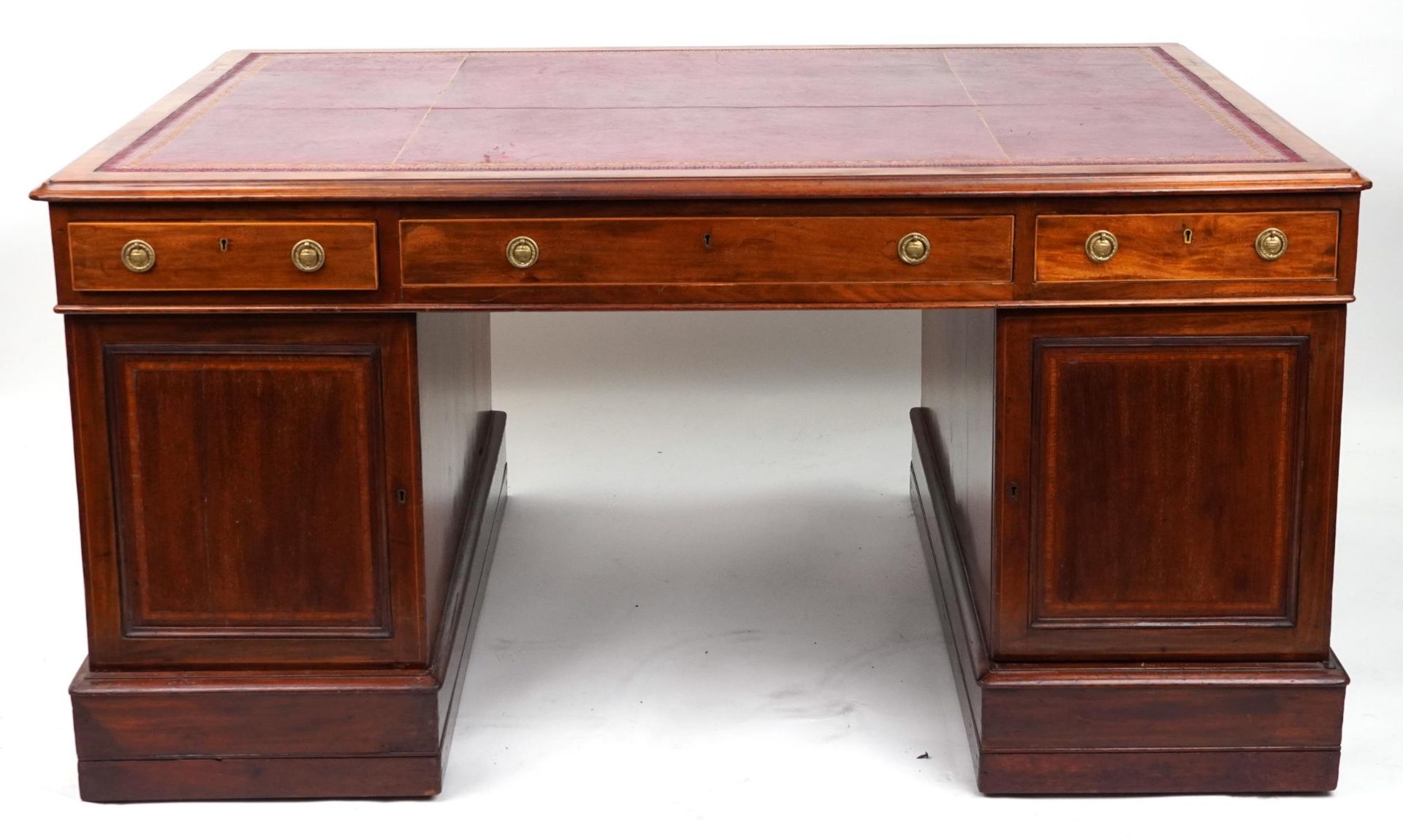 Hobbs & Co of London, Victorian inlaid mahogany partner's desk with tooled leather insert, twelve - Image 3 of 4