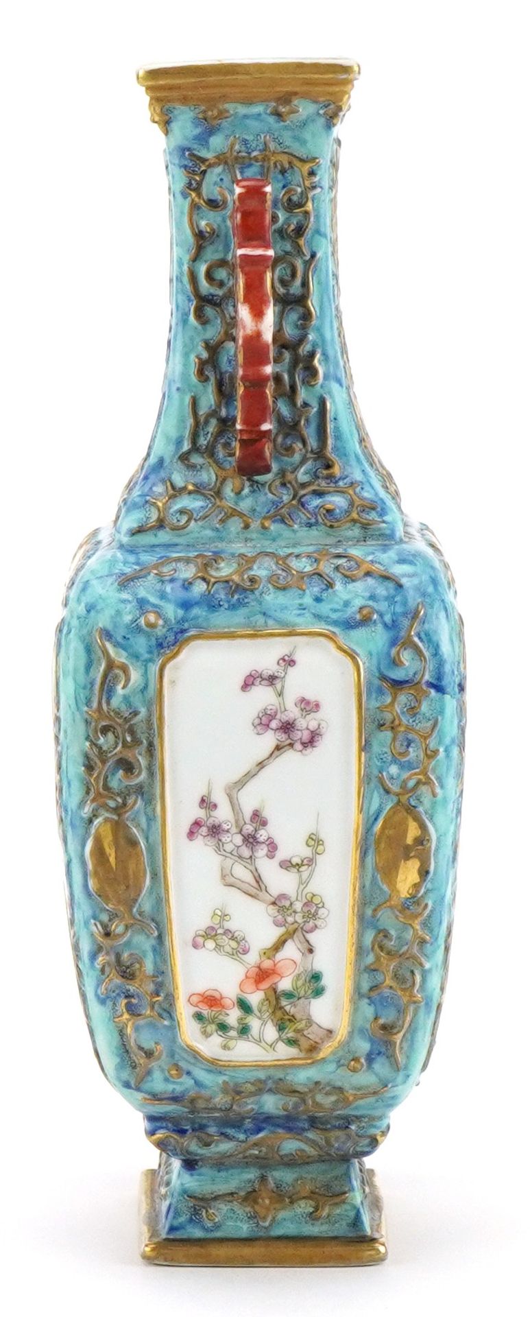 Chinese porcelain blue ground vase with iron red animalia handles finely hand painted in the famille - Image 7 of 10