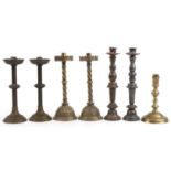 18th century and later candlesticks including two ecclesiastical pairs, one pair impressed Angentor,