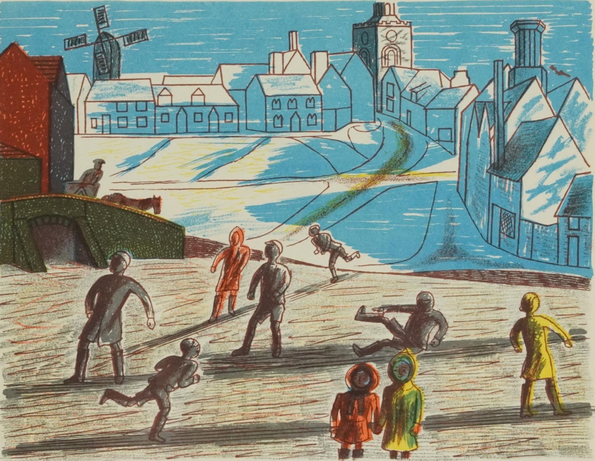 Edward Bawden - Children skating, lithograph, inscribed Sherival Press 1946 verso, mounted, framed