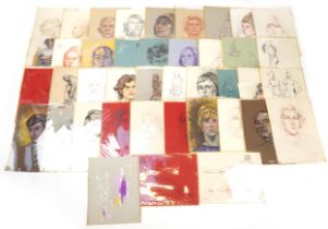 E P Clapholt - 1960 and later watercolour and crayon portraits arranged in a folio, each unframed,