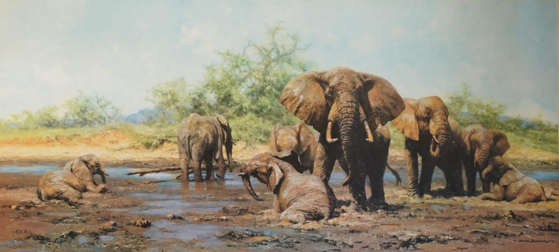 David Shepherd - Elephants, pencil signed print with embossed watermark, limited edition 357/850,