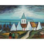 Manner of Markey Robinson - Figures before cottages and water with boats, Irish school oil on canvas