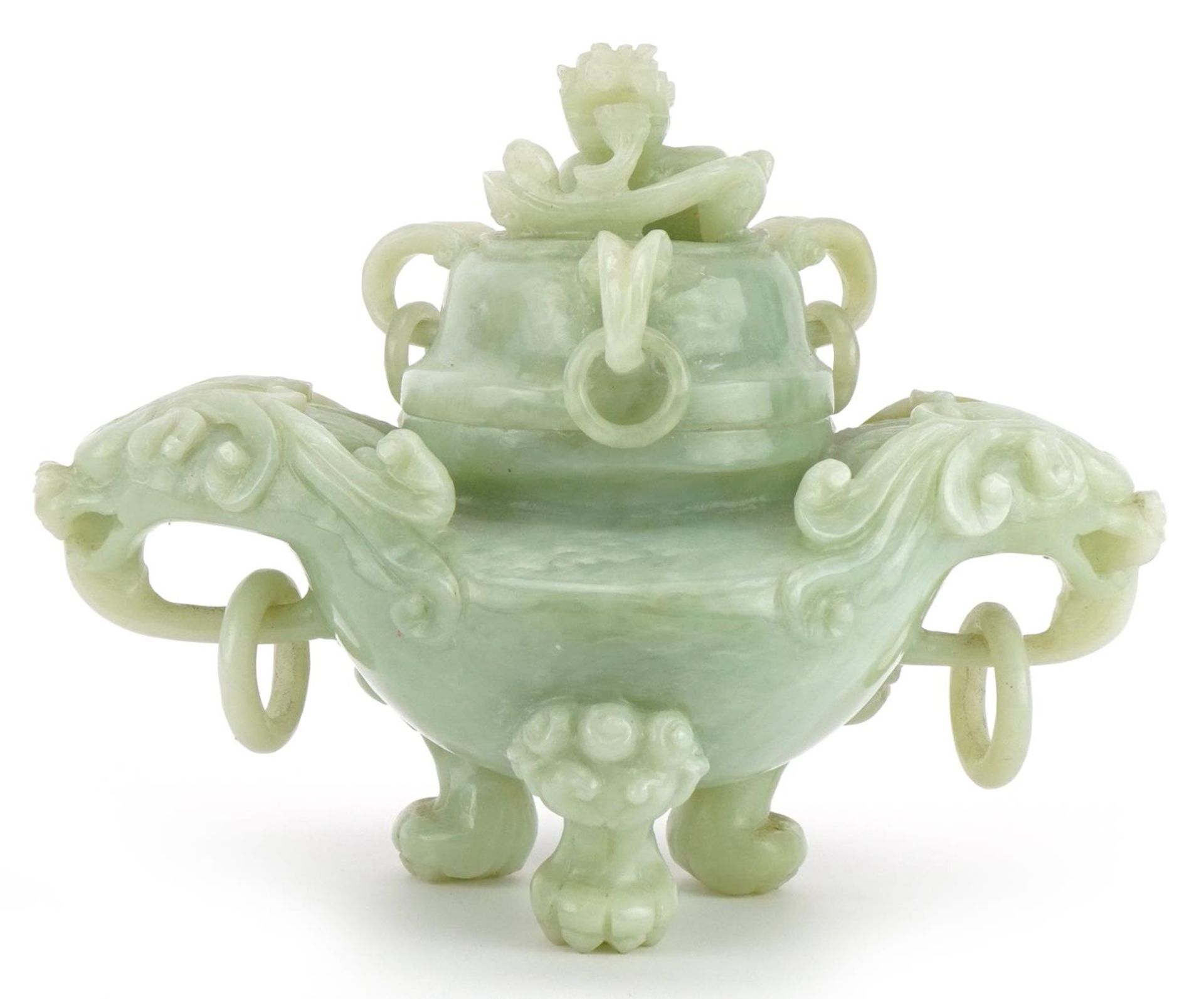 Chinese carved green hardstone lidded tripod censer with ring turned dragon handles, 19.5cm wide :