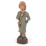 19th century continental cold painted terracotta figure of a young musician, 29cm high : For further