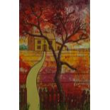 Harfield 1974 - Path beside tree with farmhouse, oil on board, mounted and framed, 57.5cm x 37cm