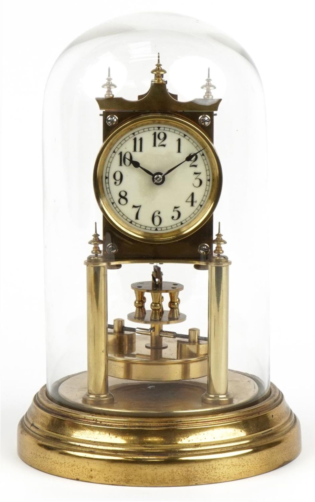 BHA, 19th century German brass anniversary clock with circular enamelled dial having Arabic numerals