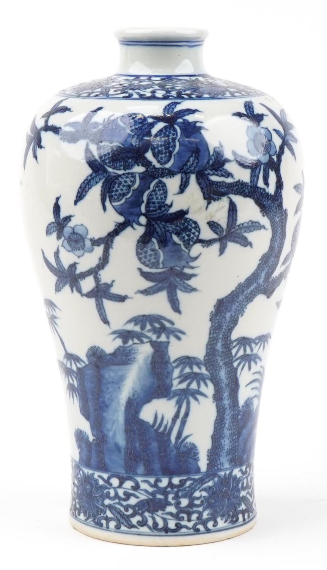 Chinese blue and white porcelain Meiping vase hand painted with birds amongst fruiting trees, four