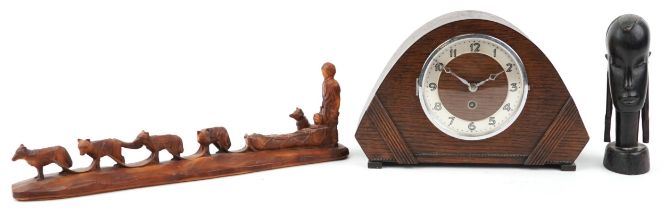 Sundry items including a Canadian Inuit Amy Art Craft sculpture and Art Deco oak mantle clock, the