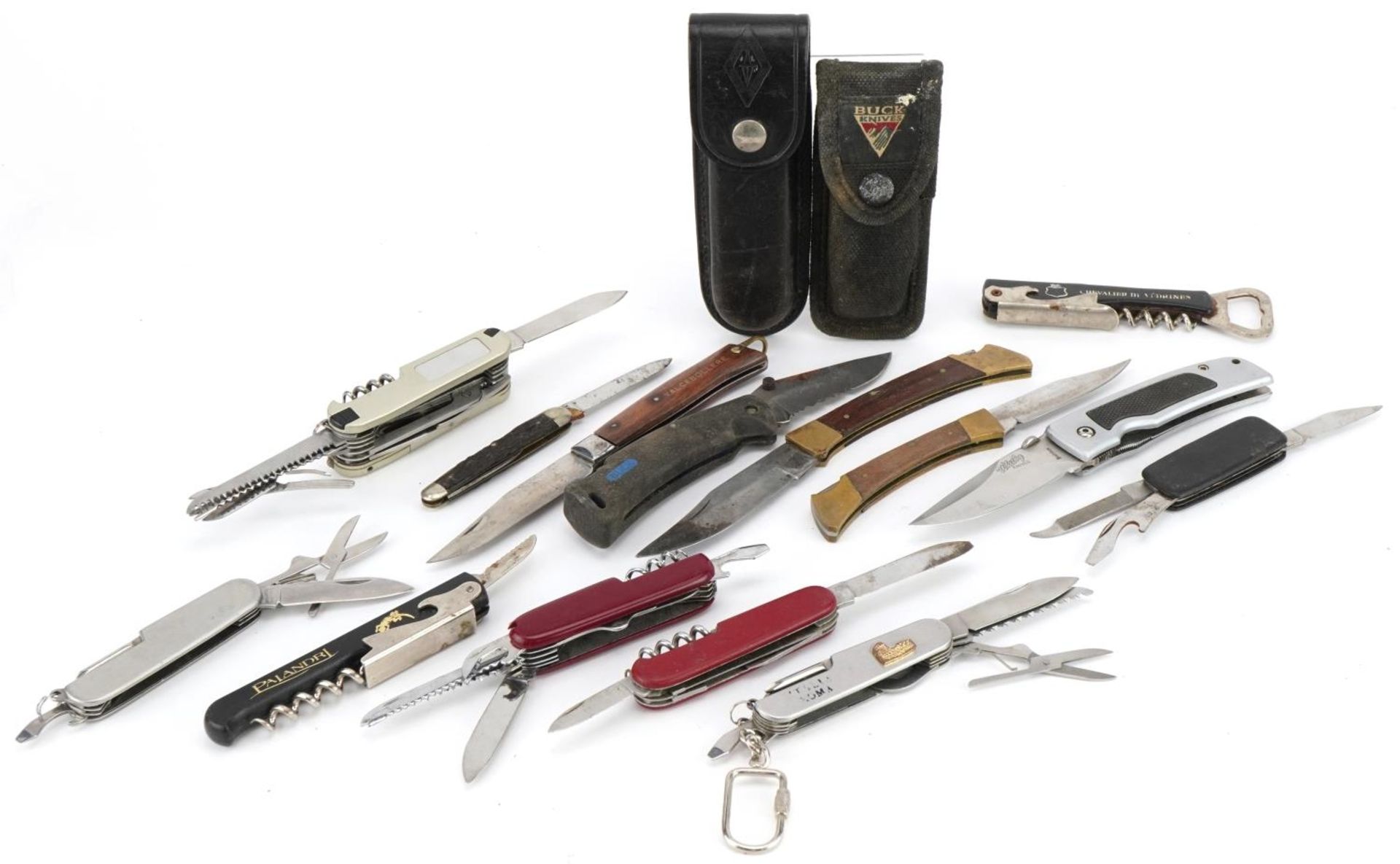 Collection of folding pocket knives and multi tools including Swiss Army style : For further