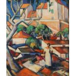 Continental villas with figures, Impressionist Cubist school oil on canvas board, framed, 32cm x