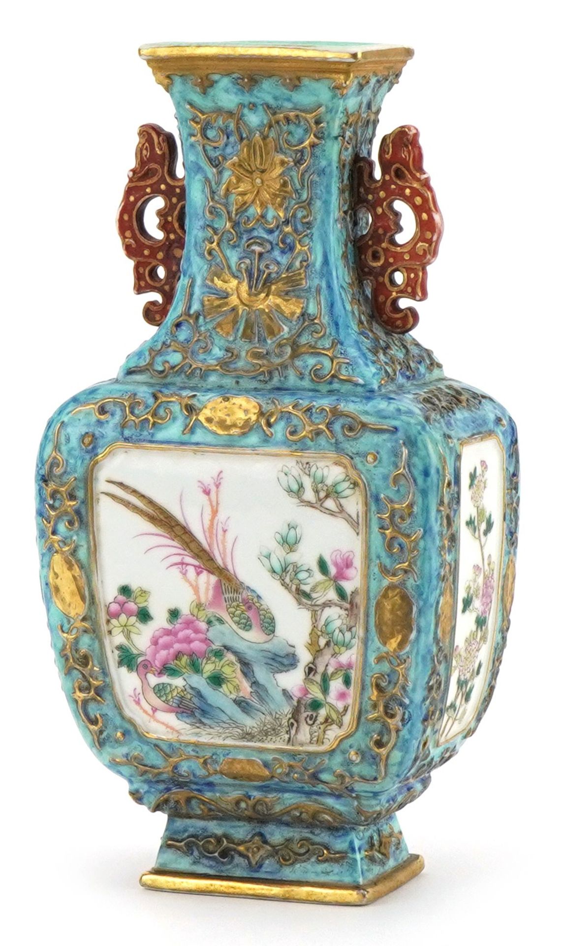 Chinese porcelain blue ground vase with iron red animalia handles finely hand painted in the famille
