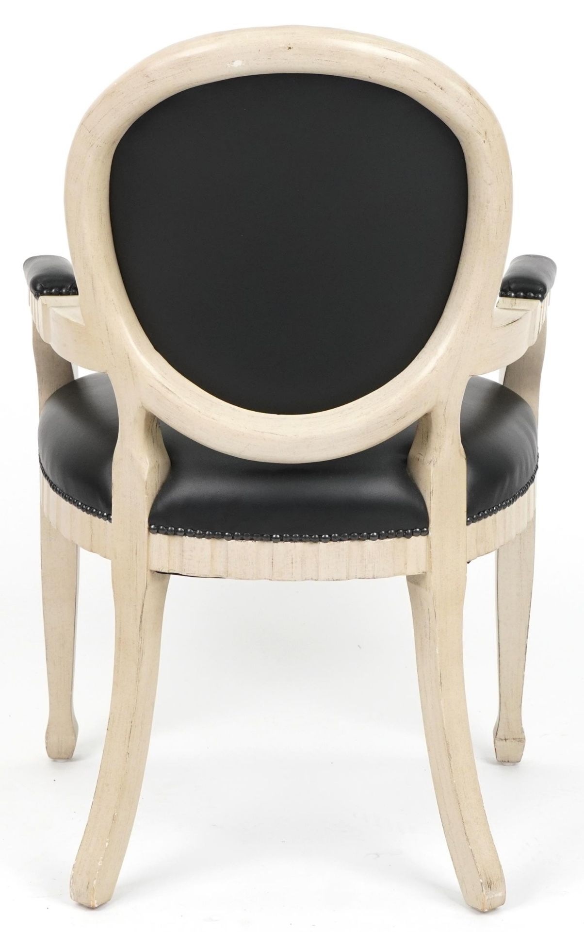 French Empire style cream bedroom chair with black vinyl upholstered back, seat and elbow pads, 98. - Image 4 of 4