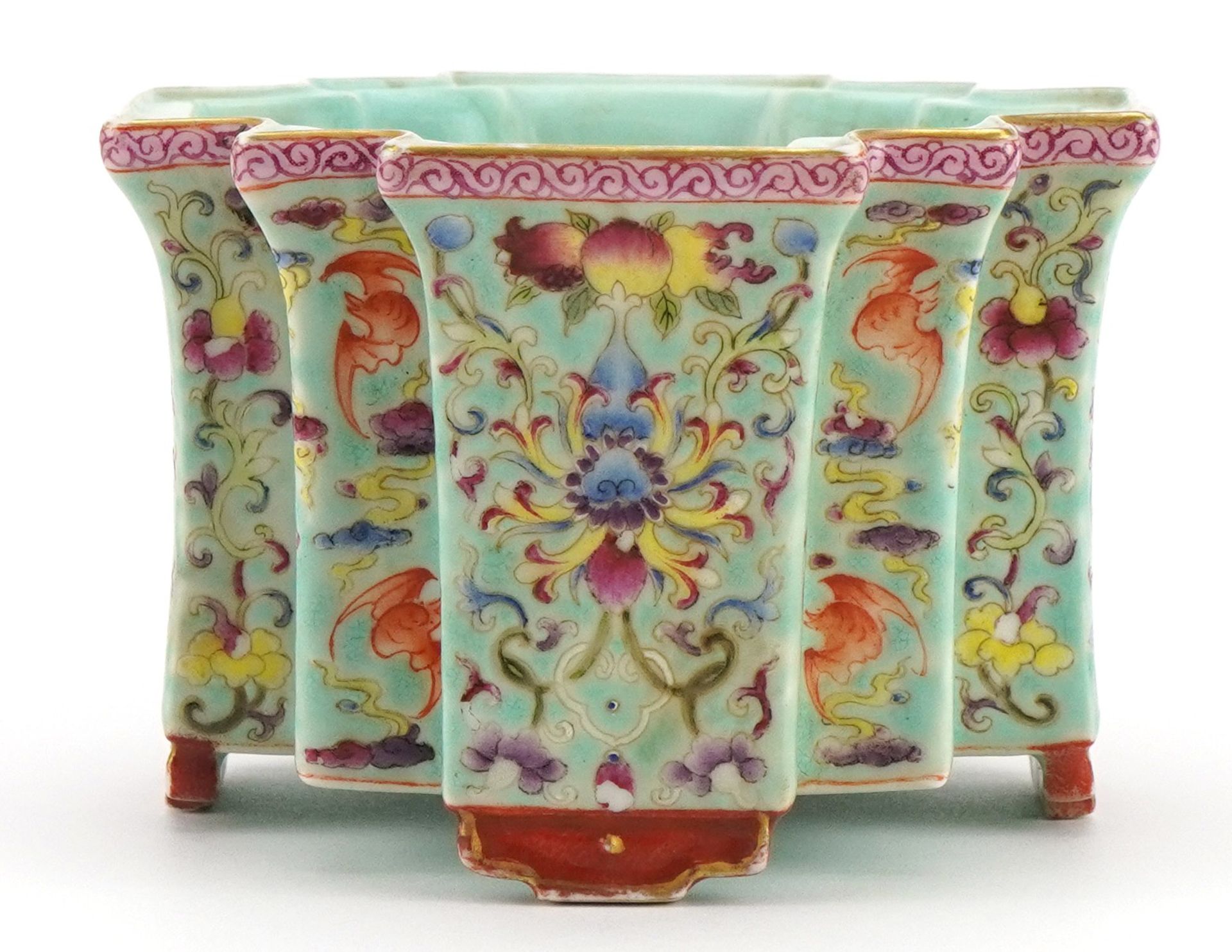 Chinese porcelain four footed planter having a turquoise glaze hand painted in the famille rose - Image 6 of 9