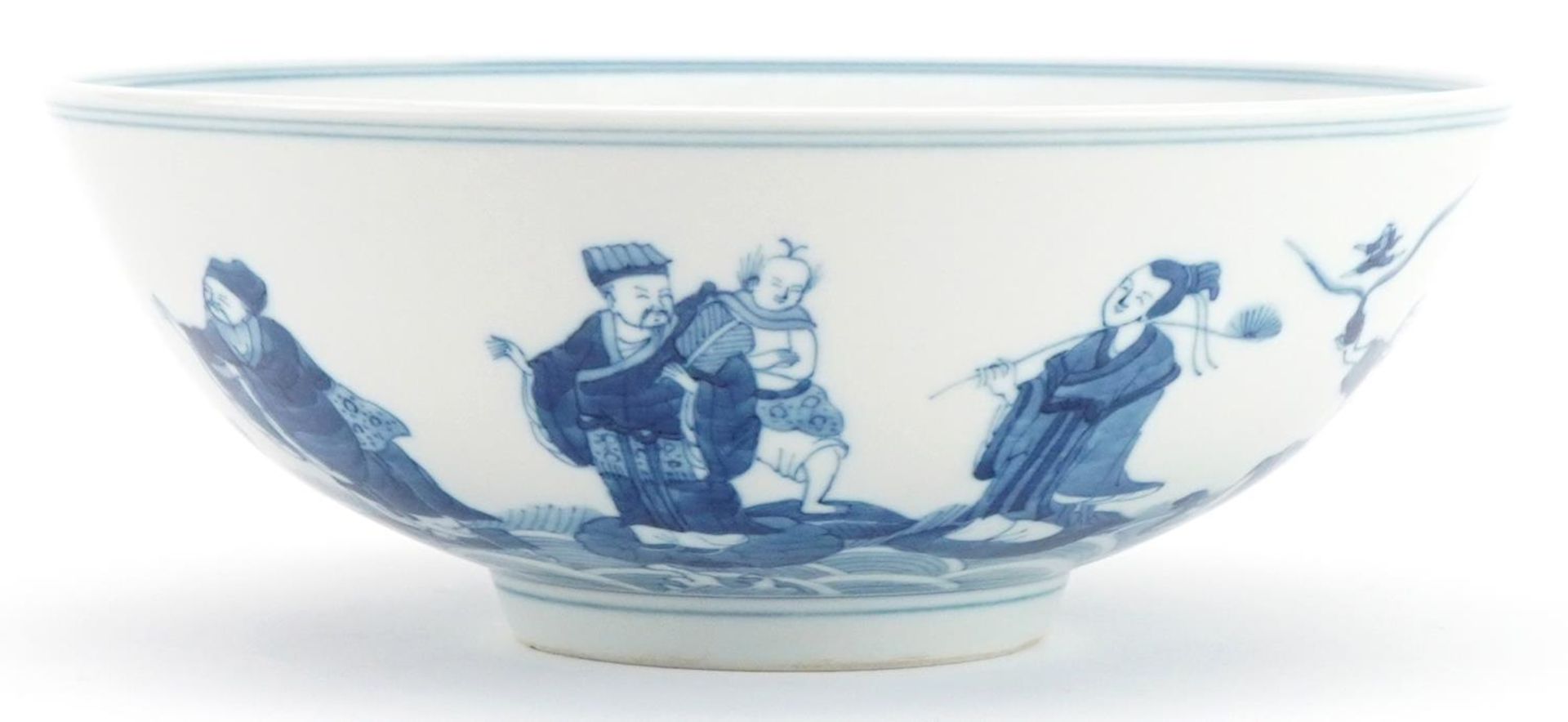 Chinese porcelain footed bowl hand painted with immortals above crashing waves, six figure character - Image 2 of 7