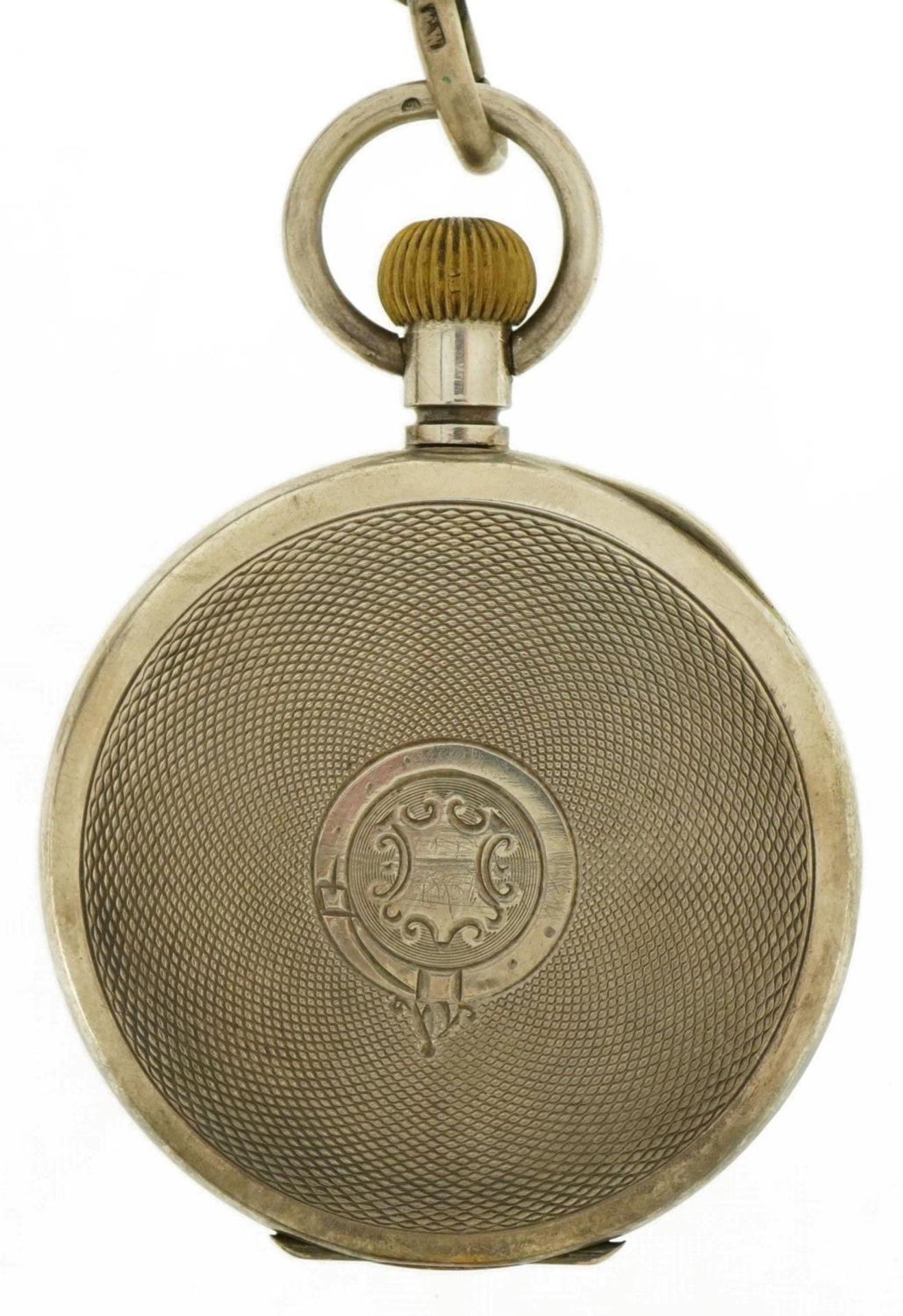 Gentlemen's silver open face pocket watch with enamelled dial on a graduated silver watch chain with - Image 3 of 6