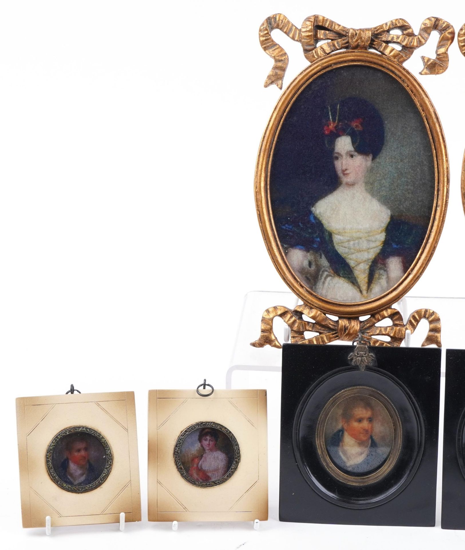 Four pairs of portrait miniatures with frames including a pair of gilt bow design frames, the - Image 2 of 5