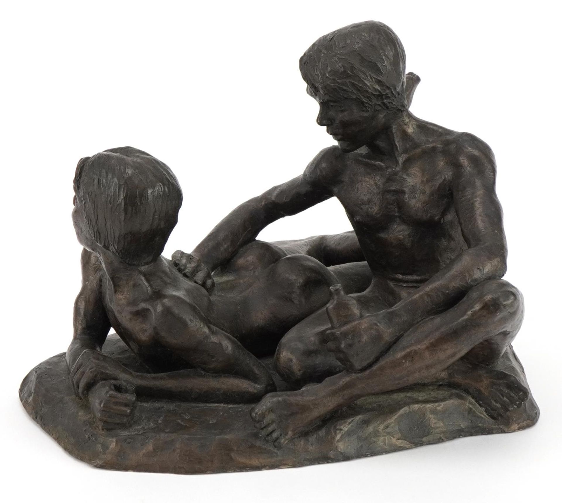 Neil Godfrey 1989, contemporary cold cast bronze sculpture of a group of two nude young males - Image 2 of 5