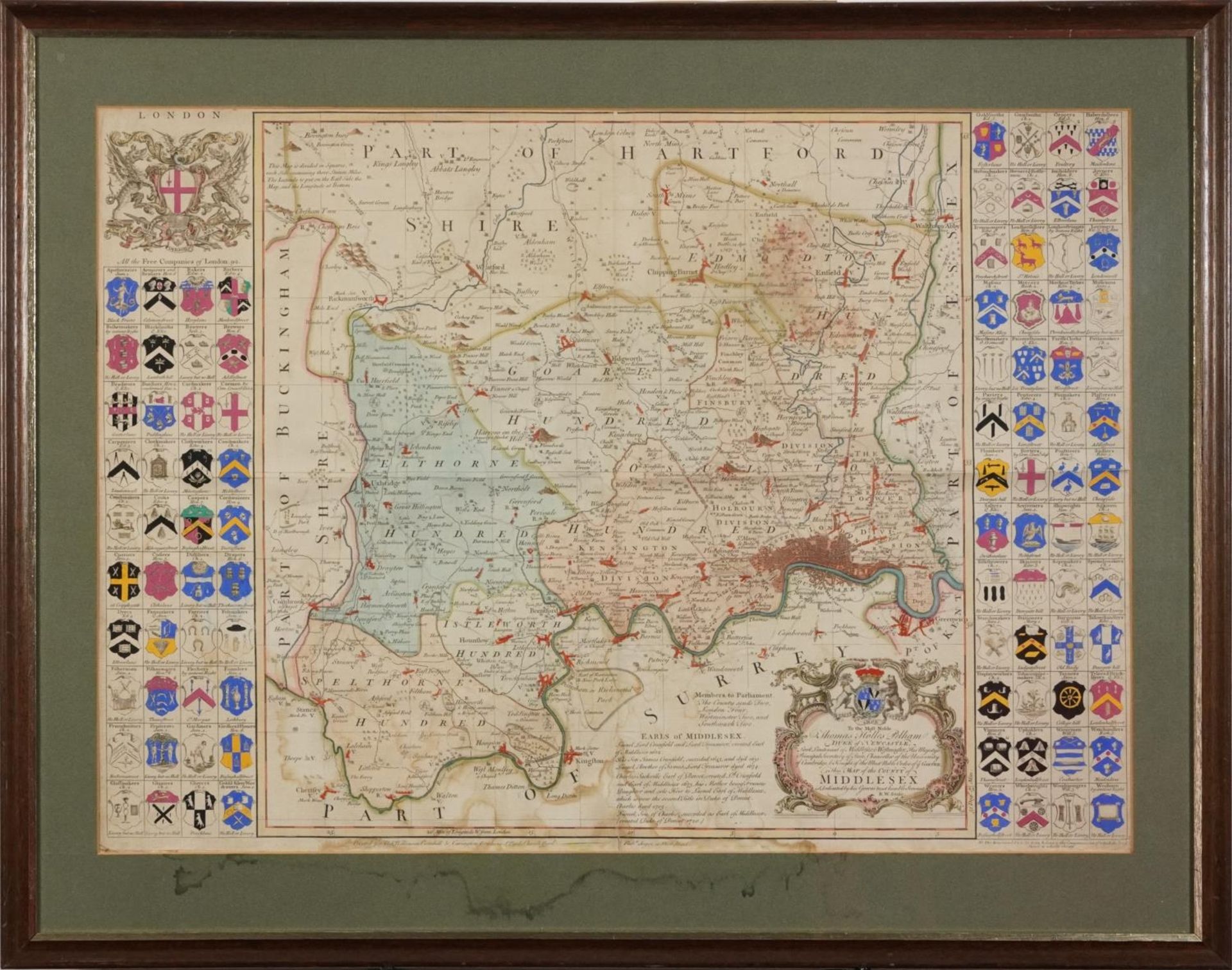 Antique hand coloured map of Middlesex by Thomas Holles Pelham, Duke of Newcastle, printed for - Image 2 of 6