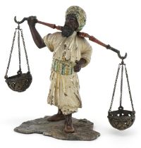 Attributed to Franz Xaver Bergmann, 19th century Austrian cold painted bronze street trader with two