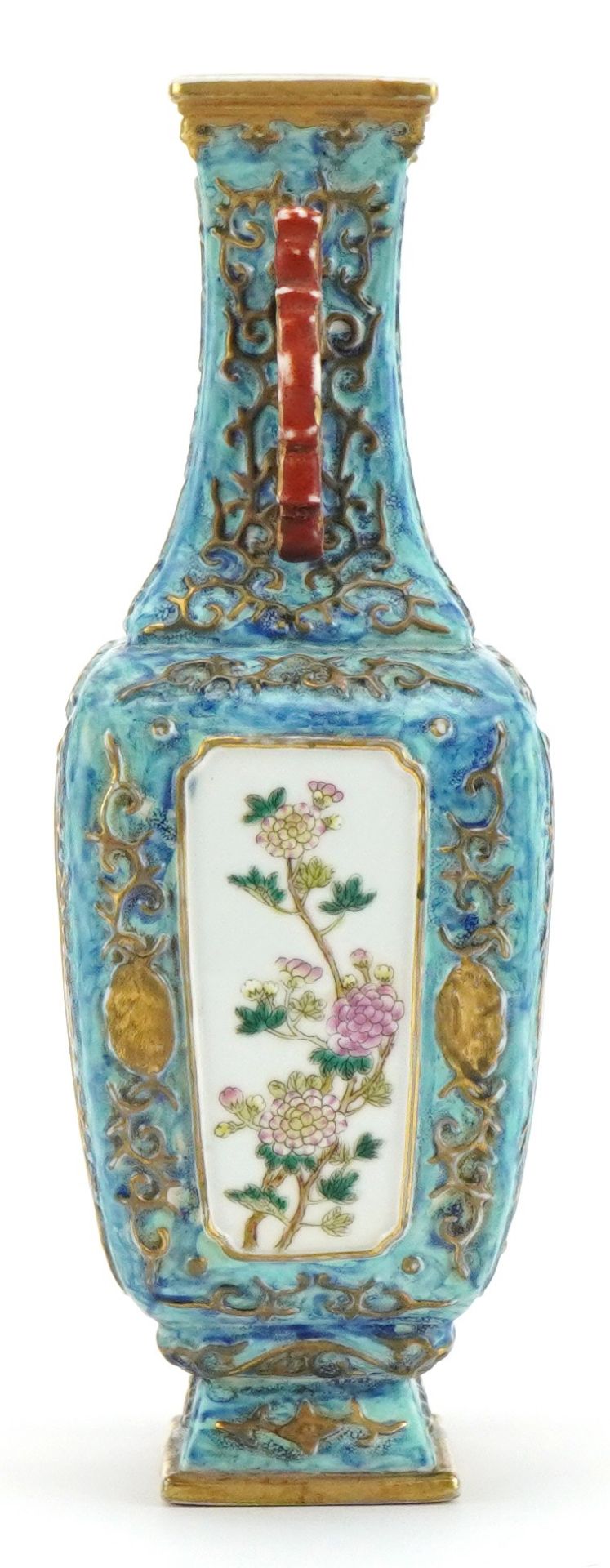 Chinese porcelain blue ground vase with iron red animalia handles finely hand painted in the famille - Image 5 of 10