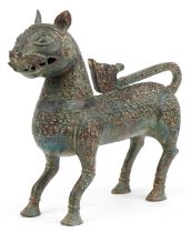 Large Islamic verdigris patinated bronze mythical cat, 37cm in length : For further information on